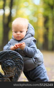 Portrait of toddler child in warm vest jacket outdoors. One year old baby boy in autumn park