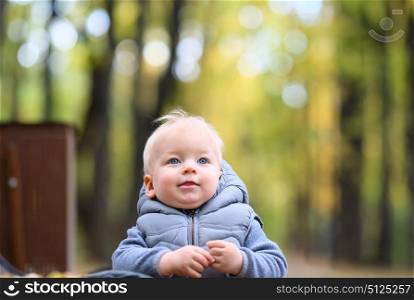 Portrait of toddler child in warm vest jacket outdoors. One year old baby boy in autumn park
