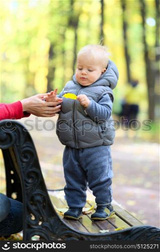 Portrait of toddler child in warm vest jacket outdoors. One year old baby boy in autumn park with his mother