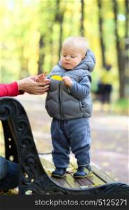 Portrait of toddler child in warm vest jacket outdoors. One year old baby boy in autumn park with his mother