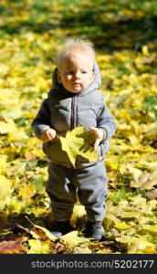 Portrait of toddler child in warm vest jacket outdoors. One year old baby boy with yellow maple leaf in autumn park