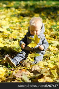 Portrait of toddler child in warm vest jacket outdoors. One year old baby boy with yellow maple leaf in autumn park