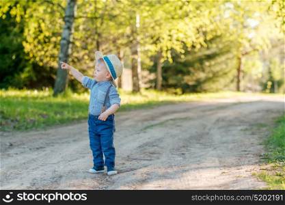 Portrait of toddler child outdoors. Rural scene with one year old baby boy with straw hat