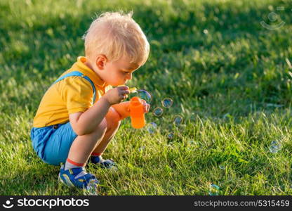 Portrait of toddler child outdoors. Rural scene with one year old baby boy blowing soap bubbles. Healthy preschool children summer activity. Kid playing outside.