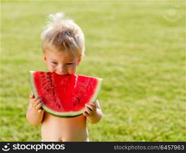 Portrait of toddler child outdoors. Rural scene with one year old baby boy eating watermelon slice in the garden.