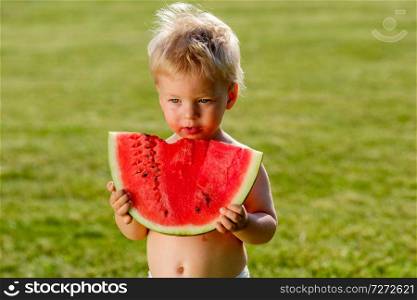 Portrait of toddler child outdoors. Rural scene with one year old baby boy eating watermelon slice in the garden. 