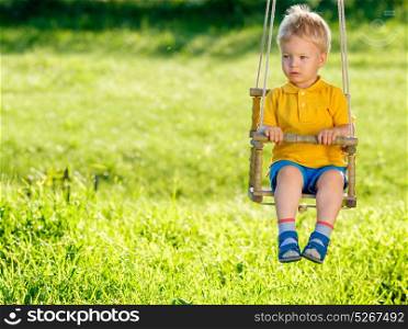Portrait of toddler child swinging outdoors. Rural scene with one year old baby boy at swing. Healthy preschool children summer activity. Kid playing outside.