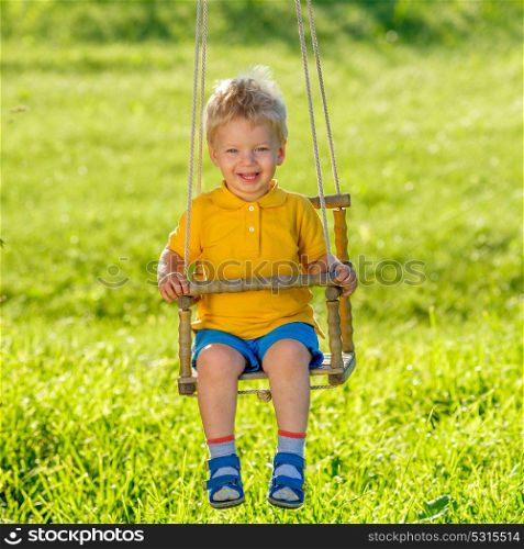 Portrait of toddler child swinging outdoors. Rural scene with one year old baby boy at swing. Healthy preschool children summer activity. Kid playing outside.