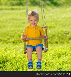 Portrait of toddler child swinging outdoors. Rural scene with one year old baby boy at swing. Healthy preschool children summer activity. Kid playing outside.