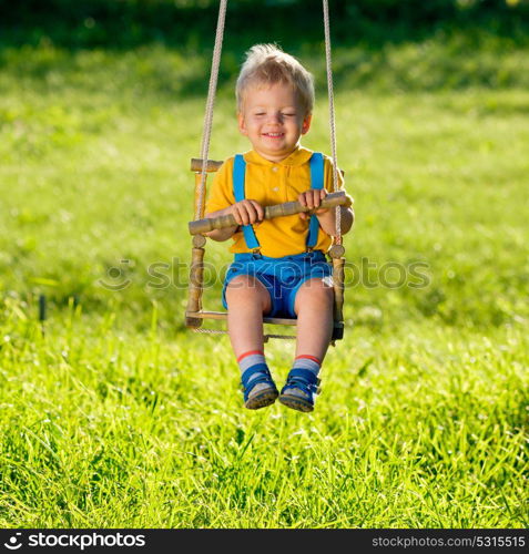 Portrait of toddler child swinging outdoors. Rural scene with one year old baby boy at swing. Healthy preschool children summer activity. Kid playing outside.