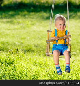 Portrait of toddler child swinging outdoors. Rural scene with one year old baby boy at swing. Healthy preschool children summer activity. Kid playing outside.