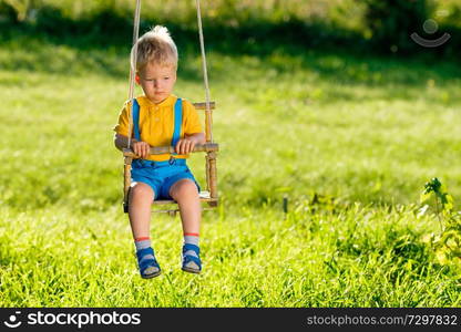 Portrait of toddler child swinging outdoors. Rural scene with one year old baby boy at swing. Healthy preschool children summer activity. Kid playing outside. 