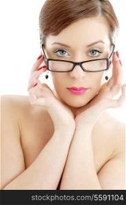 portrait of topless lady in black plastic eyeglasses