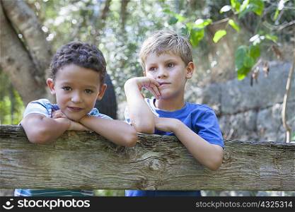 Portrait of two boys leaning on garden fence