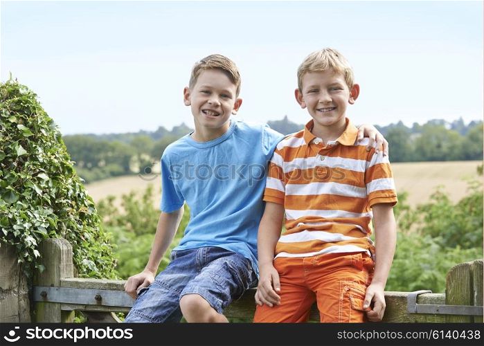 Portrait Of Two Boys Sitting On Gate Together