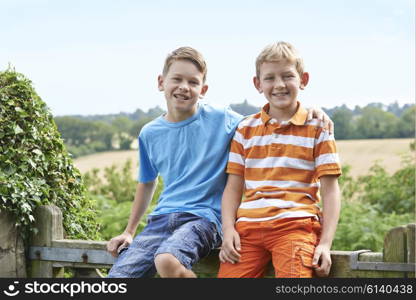 Portrait Of Two Boys Sitting On Gate Together