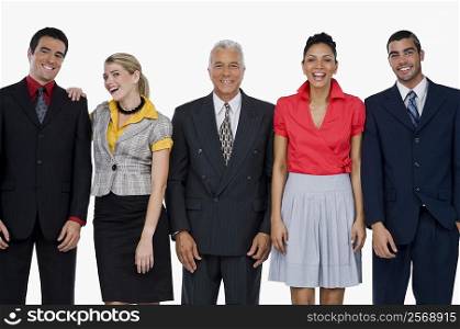Portrait of two businesswomen and three businessmen standing side by side and smiling
