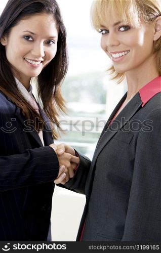Portrait of two businesswomen shaking hands