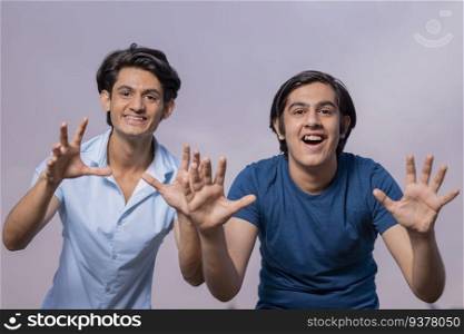 Portrait of two cheerful boys gesturing in front of camera