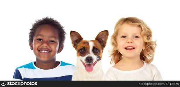 Portrait of two children with a dog isolated on a white background