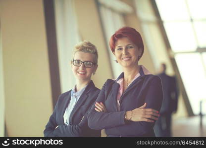 portrait of two corporate business woman at modern bright office interior standing in group as team