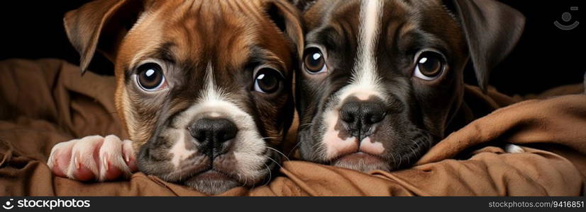 Portrait of two cute boxer puppies lying on a blanket, generative ai.