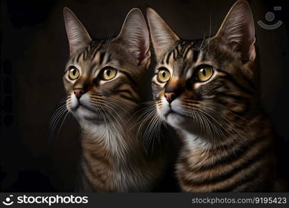 Portrait of two domestic cats with tabby fur outdoors with dark background. Neural network AI generated art. Portrait of two domestic cats with tabby fur outdoors with dark background. Neural network generated art