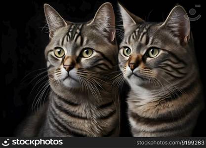 Portrait of two domestic cats with tabby fur outdoors with dark background. Neural network AI generated art. Portrait of two domestic cats with tabby fur outdoors with dark background. Neural network generated art