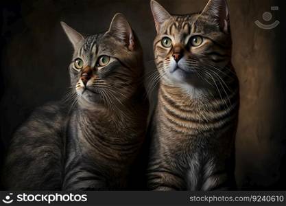 Portrait of two domestic cats with tabby fur outdoors with dark background. Neural network AI generated art. Portrait of two domestic cats with tabby fur outdoors with dark background. Neural network generated art