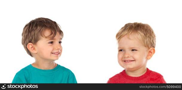 Portrait of two happy brothers isolated on a white background