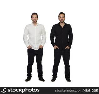 Portrait Of Two Identical Man Isolated Over White Background