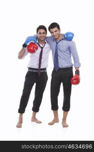 Portrait of two male executives with boxing gloves