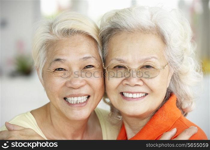 Portrait Of Two Senior Chinese Women Sitting At Home