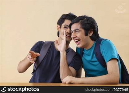 Portrait of two teenage boys whispering to each other 
