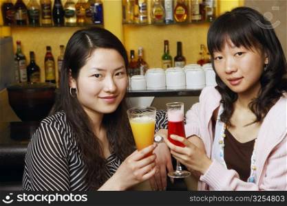 Portrait of two young women sitting at a bar counter raising a toast