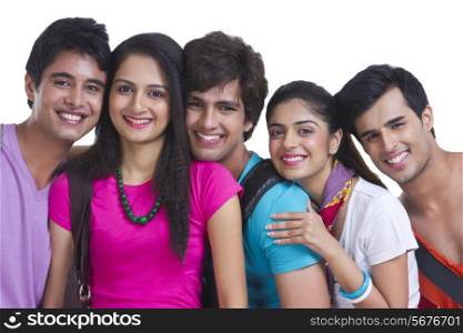 Portrait of university friends smiling together on white background