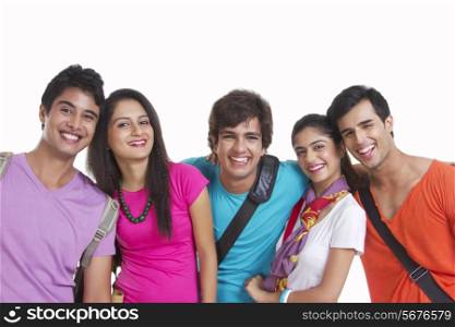Portrait of university students smiling together on white background