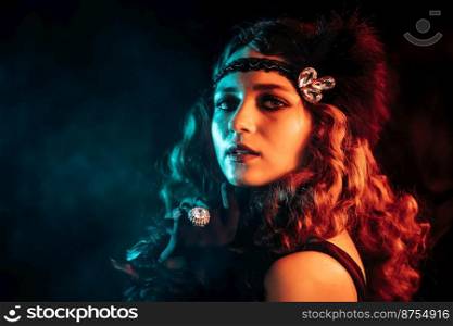 Portrait of vintage styled red haired woman dressed in Great Gatsby era flirting and posing on velours background. Roaring twenties, retro, party, fashion concept. High quality photo. Old-fashioned woman dressed in style of Flappers posing with cigarette in mouthpiece on dark background with neon light. Roaring twenties, retro, party, fashion concept