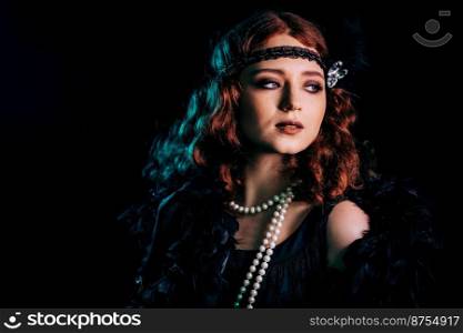 Portrait of vintage styled red haired woman dressed in Great Gatsby era flirting and posing on velours background. Roaring twenties, retro, party, fashion concept. High quality photo. Portrait of vintage styled red haired woman dressed in Great Gatsby era flirting and posing on velours background. Roaring twenties, retro, party, fashion concept