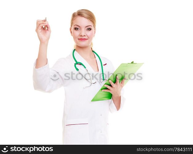 Portrait of woman in white lab coat with stethoscope. Doctor with clipboard and pen isolated. Medical person for health insurance.