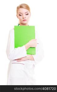 Portrait of woman in white lab coat with stethoscope. Doctor with clipboard isolated. Medical person for health insurance.