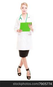 Portrait of woman in white lab coat with stethoscope. Doctor with clipboard isolated. Medical person for health insurance.