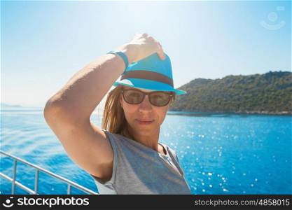 Portrait of woman on yacht at the sea, Turkey
