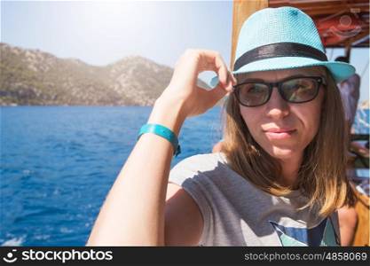 Portrait of woman on yacht at the sea, Turkey