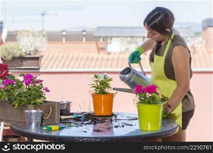 Portrait of woman watering green plants on the balcony, small cozy garden in apartment