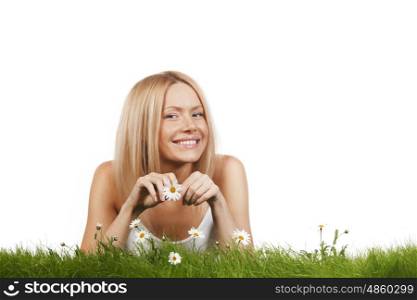 Portrait of woman with daisy flowers, isolated on white background