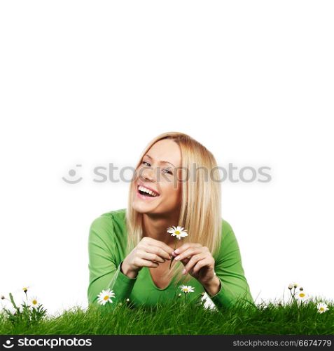 Portrait of woman with daisy flowers, isolated on white background. Portrait of woman with daisies