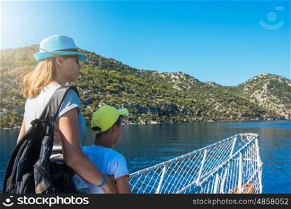 Portrait of woman with her son on yacht at the sea, Turkey