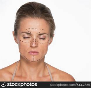 Portrait of woman with plastic surgery marks on face