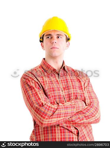 Portrait of worker. Isolated over white.